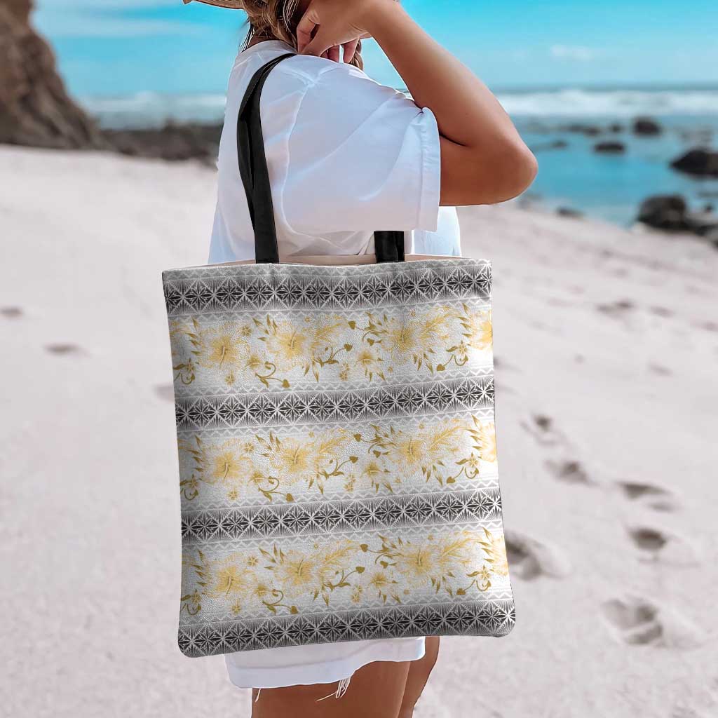 Samoa White Sunday Tote Bag Samoan Tapa Yellow Hibiscus - Polynesian Pride