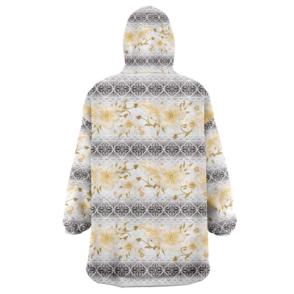 Samoa White Sunday Wearable Blanket Hoodie Samoan Tapa Yellow Hibiscus - Polynesian Pride