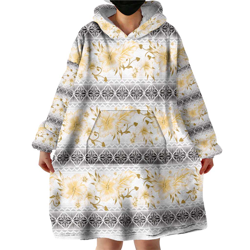 Samoa White Sunday Wearable Blanket Hoodie Samoan Tapa Yellow Hibiscus - Polynesian Pride