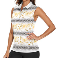 Samoa White Sunday Women Sleeveless Polo Shirt Samoan Tapa Yellow Hibiscus - Polynesian Pride