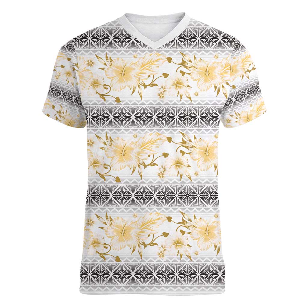 Samoa White Sunday Women V-Neck T-Shirt Samoan Tapa Yellow Hibiscus - Polynesian Pride