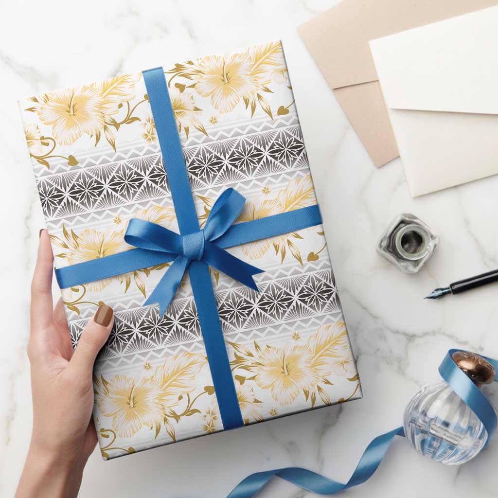 Samoa White Sunday Wrapping Paper Samoan Tapa Yellow Hibiscus - Polynesian Pride