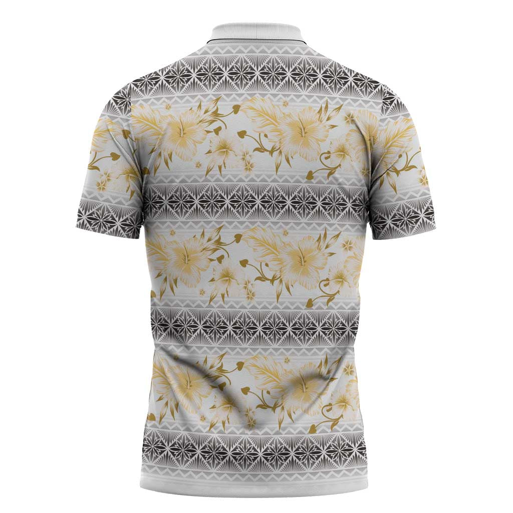 Samoa White Sunday Zipper Polo Shirt Samoan Tapa Yellow Hibiscus - Polynesian Pride