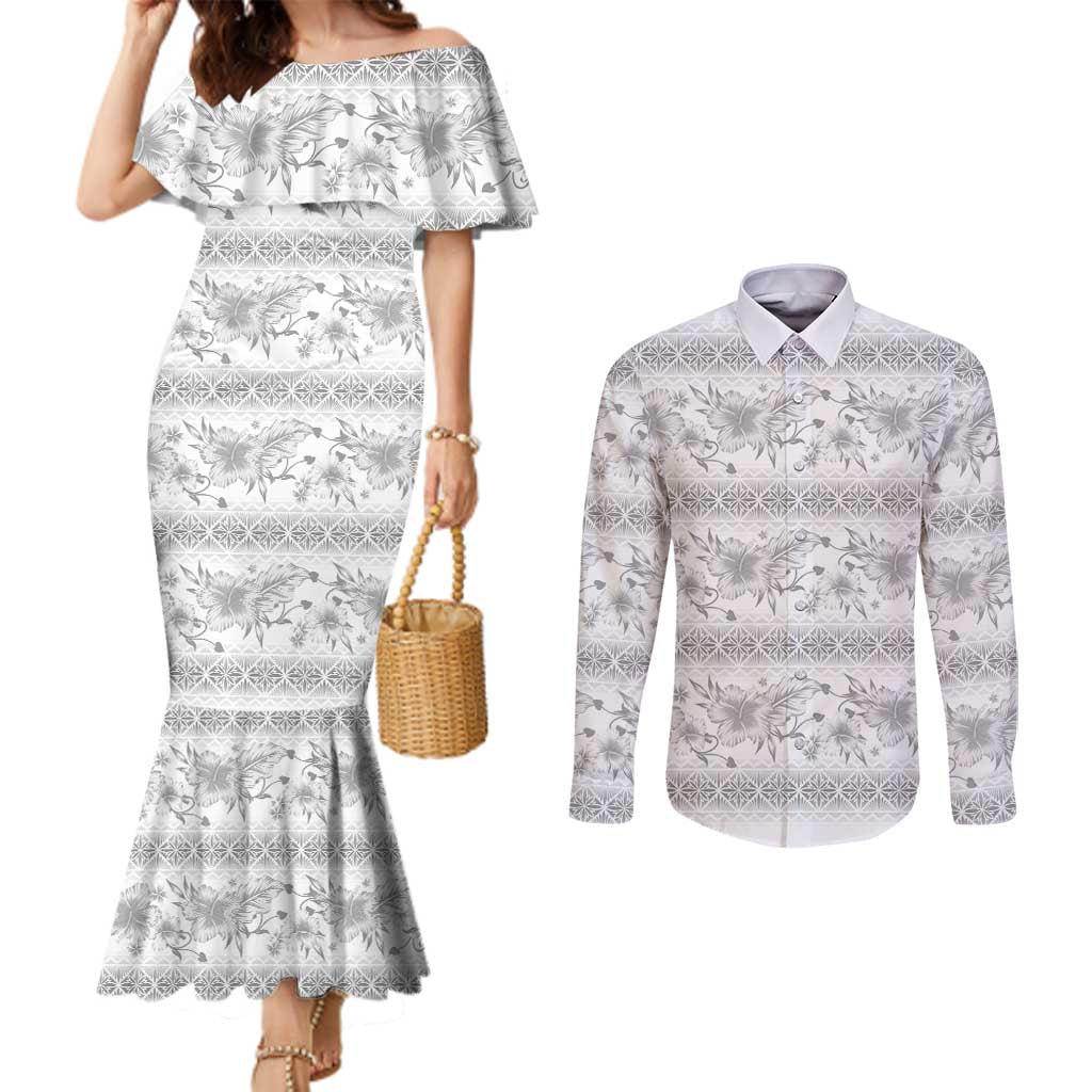 Samoa White Sunday Couples Matching Mermaid Dress and Long Sleeve Button Shirt Samoan Tapa White Hibiscus - Polynesian Pride