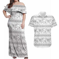 Samoa White Sunday Couples Matching Off Shoulder Maxi Dress and Hawaiian Shirt Samoan Tapa White Hibiscus - Polynesian Pride