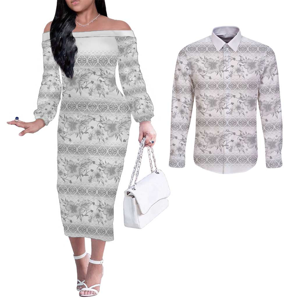 Samoa White Sunday Couples Matching Off The Shoulder Long Sleeve Dress and Long Sleeve Button Shirt Samoan Tapa White Hibiscus - Polynesian Pride