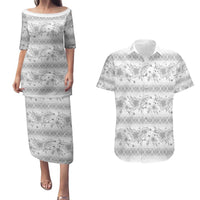 Samoa White Sunday Couples Matching Puletasi and Hawaiian Shirt Samoan Tapa White Hibiscus - Polynesian Pride