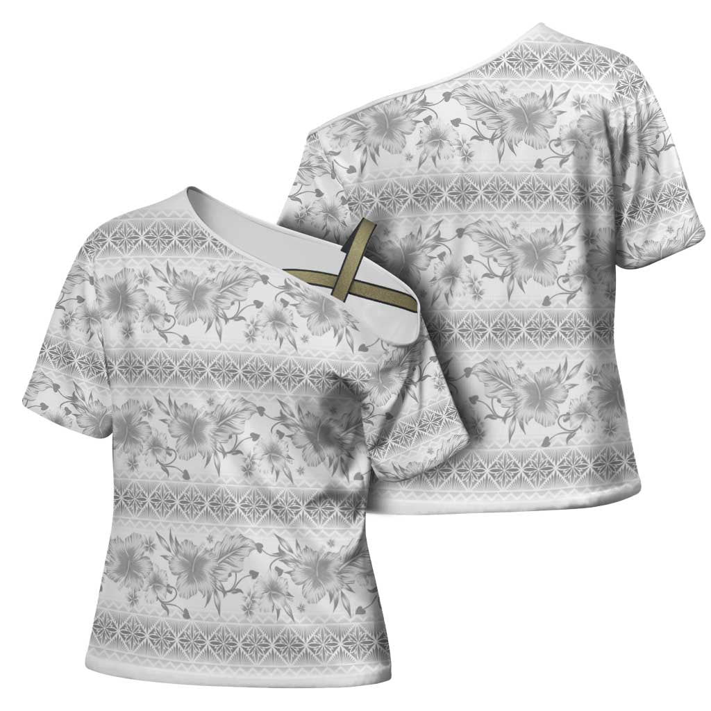 Samoa White Sunday Cross Shoulder Shirt Samoan Tapa White Hibiscus - Polynesian Pride