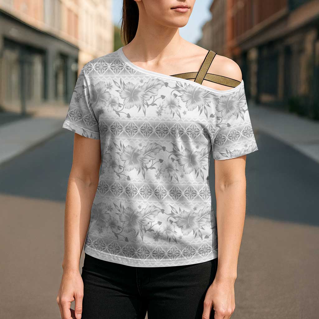 Samoa White Sunday Cross Shoulder Shirt Samoan Tapa White Hibiscus - Polynesian Pride