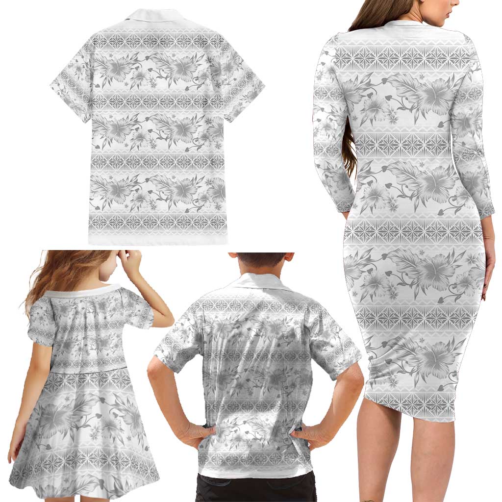 Samoa White Sunday Family Matching Long Sleeve Bodycon Dress and Hawaiian Shirt Samoan Tapa White Hibiscus - Polynesian Pride
