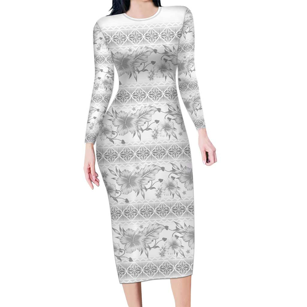 Samoa White Sunday Family Matching Long Sleeve Bodycon Dress and Hawaiian Shirt Samoan Tapa White Hibiscus - Polynesian Pride