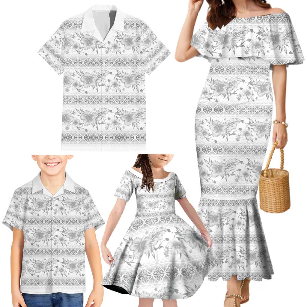 Samoa White Sunday Family Matching Mermaid Dress and Hawaiian Shirt Samoan Tapa White Hibiscus - Polynesian Pride