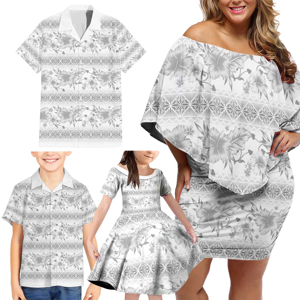 Samoa White Sunday Family Matching Off Shoulder Short Dress and Hawaiian Shirt Samoan Tapa White Hibiscus - Polynesian Pride