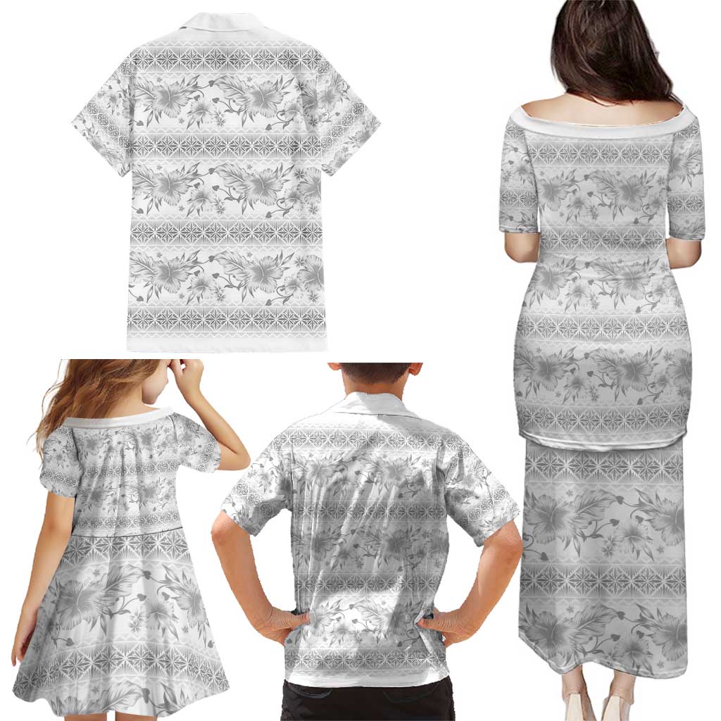 Samoa White Sunday Family Matching Puletasi and Hawaiian Shirt Samoan Tapa White Hibiscus - Polynesian Pride