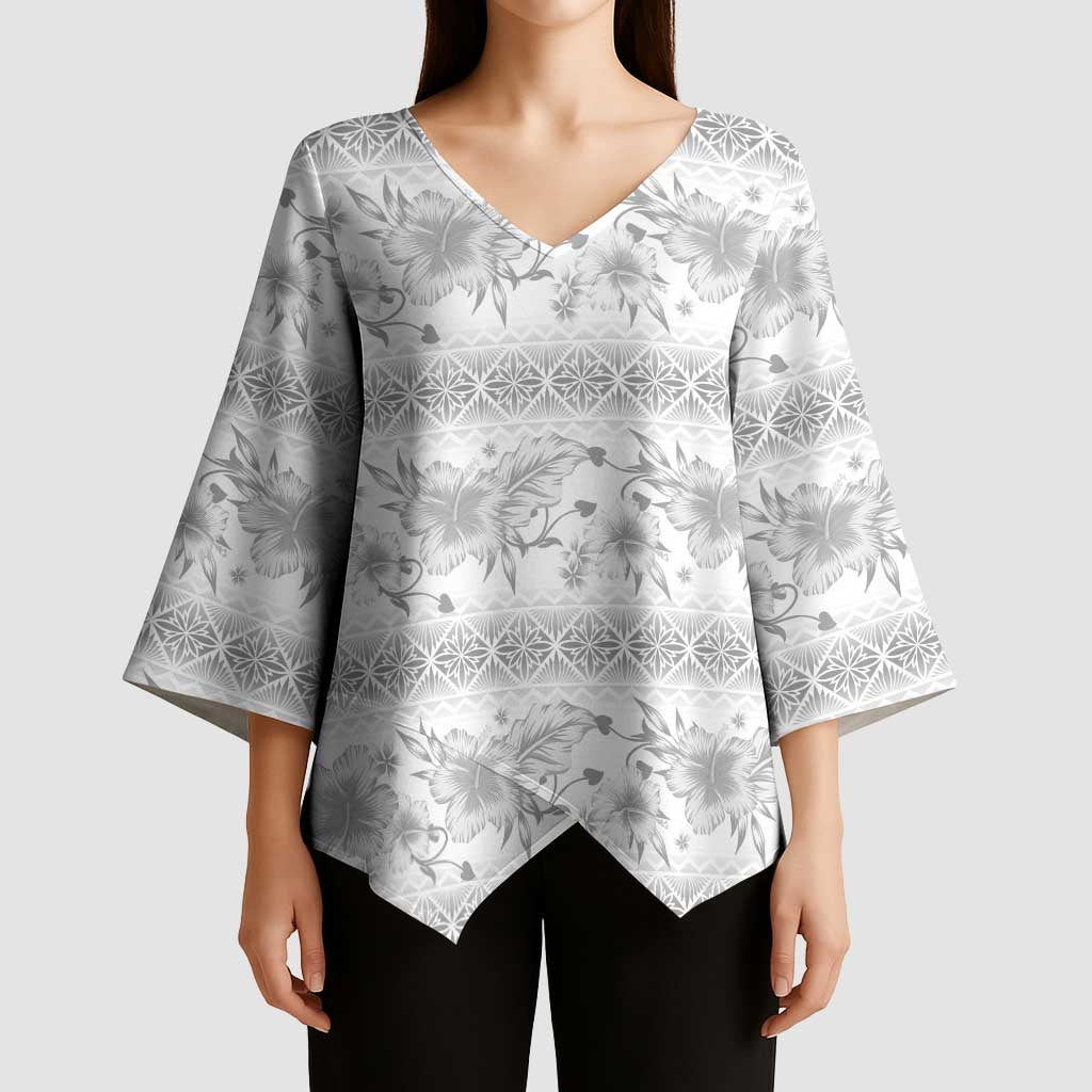 Samoa White Sunday Kimono Sleeve Blouse Samoan Tapa White Hibiscus - Polynesian Pride