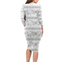 Samoa White Sunday Long Sleeve Bodycon Dress Samoan Tapa White Hibiscus - Polynesian Pride