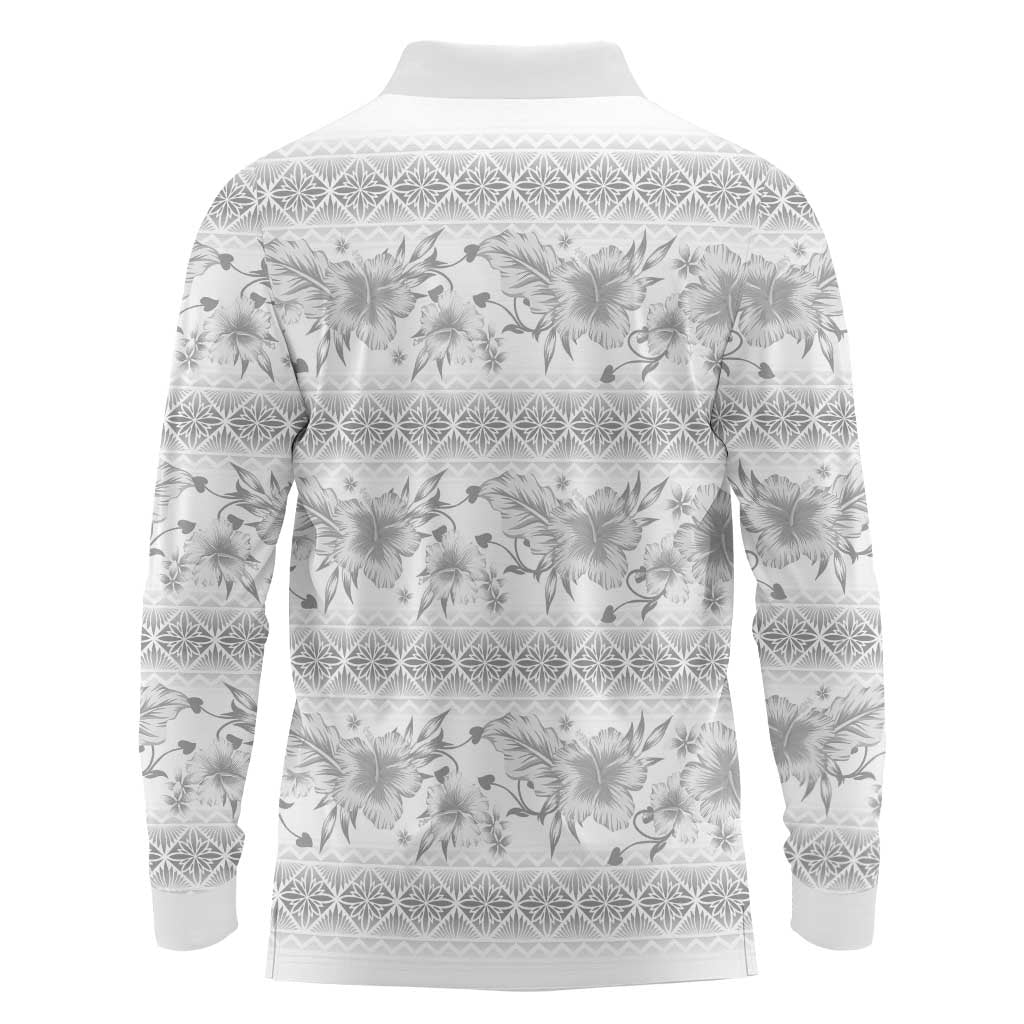Samoa White Sunday Long Sleeve Polo Shirt Samoan Tapa White Hibiscus - Polynesian Pride