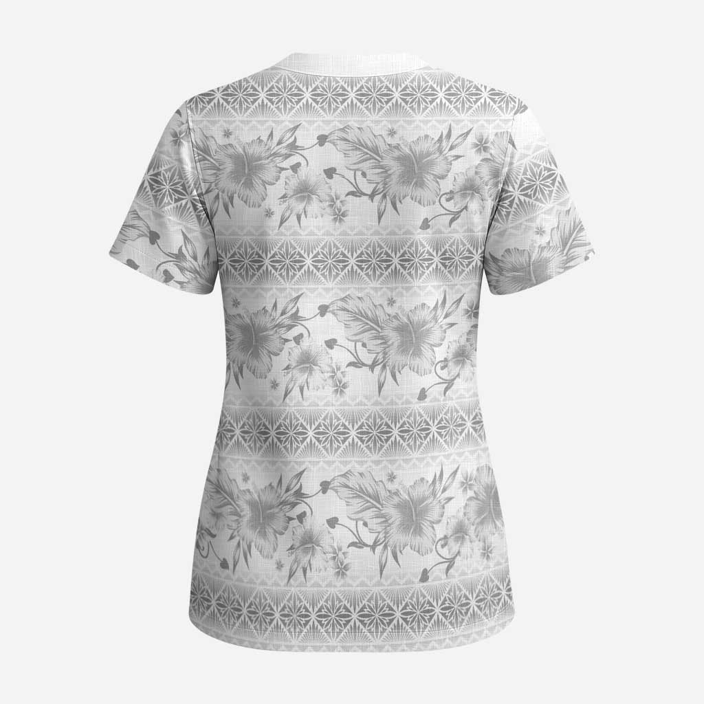 Samoa White Sunday Scrub Top Samoan Tapa White Hibiscus - Polynesian Pride