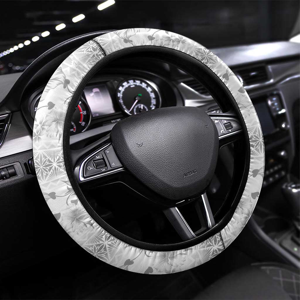Samoa White Sunday Steering Wheel Cover Samoan Tapa White Hibiscus - Polynesian Pride
