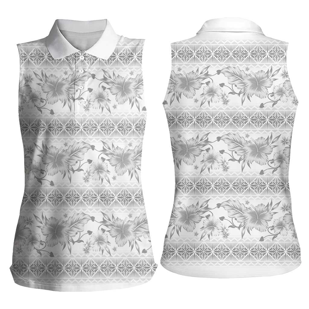 Samoa White Sunday Women Sleeveless Polo Shirt Samoan Tapa White Hibiscus - Polynesian Pride