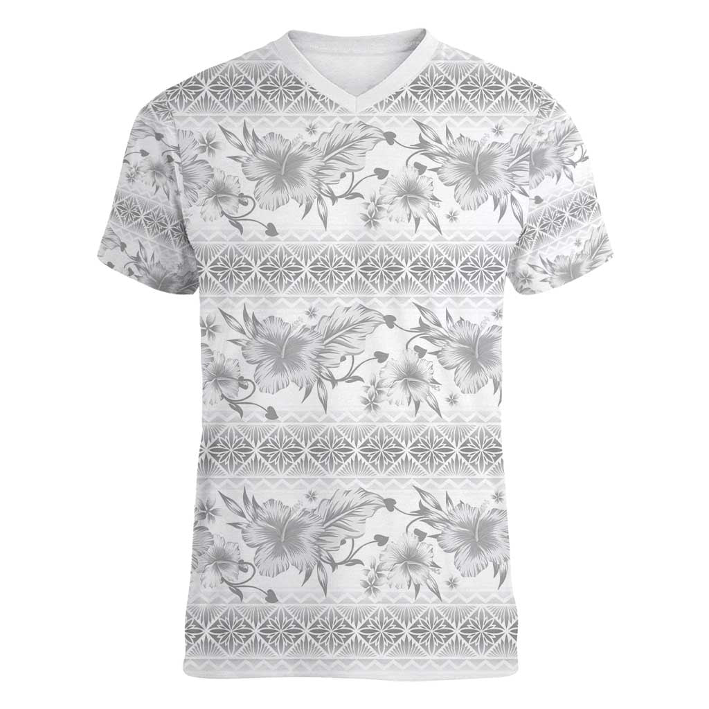 Samoa White Sunday Women V-Neck T-Shirt Samoan Tapa White Hibiscus - Polynesian Pride