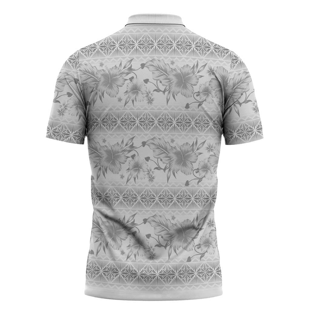 Samoa White Sunday Zipper Polo Shirt Samoan Tapa White Hibiscus - Polynesian Pride