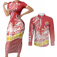 Personalised Tahiti Surfing Couples Matching Short Sleeve Bodycon Dress and Long Sleeve Button Shirt Polynesian Style LT05 Red - Polynesian Pride