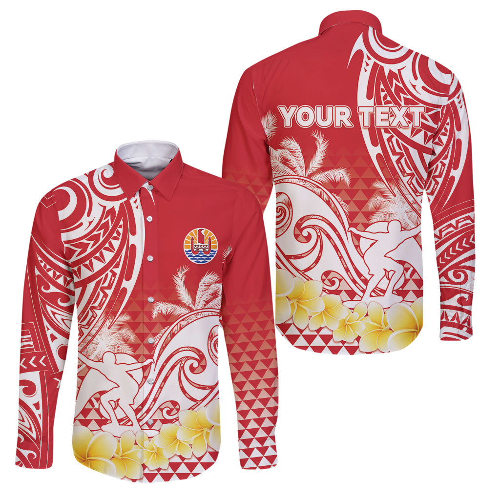 Personalised Tahiti Surfing Family Matching Off Shoulder Short Dress and Hawaiian Shirt Polynesian Style LT05 Dad's Shirt - Long Sleeve Red - Polynesian Pride