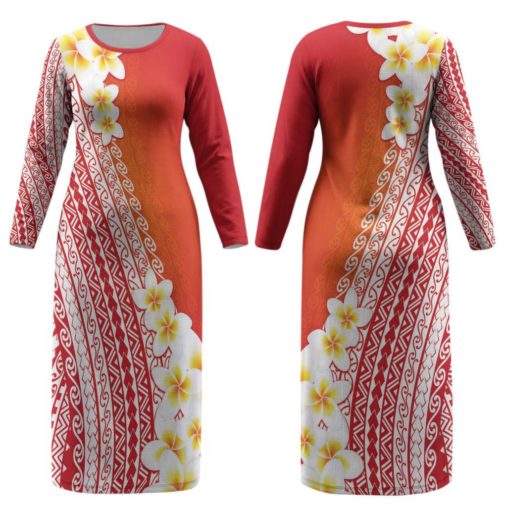 Tahiti Plumeria Tribal Pattern Couples Matching Long Sleeve Bodycon Dress and Hawaiian Shirt Wave Style Red LT05 - Polynesian Pride