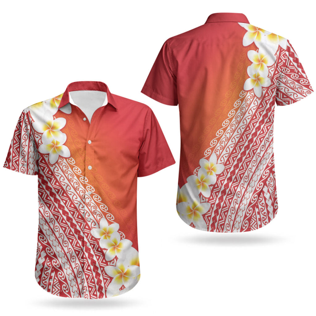 Tahiti Plumeria Tribal Pattern Couples Matching Mermaid Dress and Hawaiian Shirt Wave Style Red LT05 - Polynesian Pride