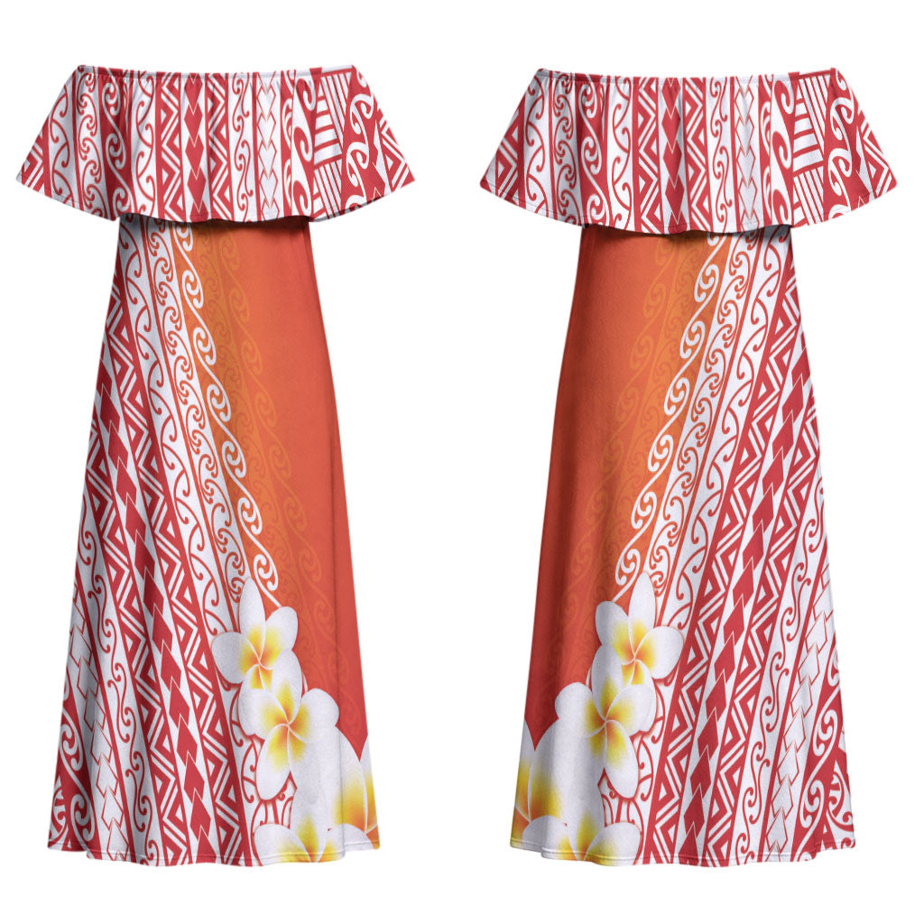 Tahiti Plumeria Tribal Pattern Couples Matching Off Shoulder Maxi Dress and Long Sleeve Button Shirt Wave Style Red LT05 - Polynesian Pride