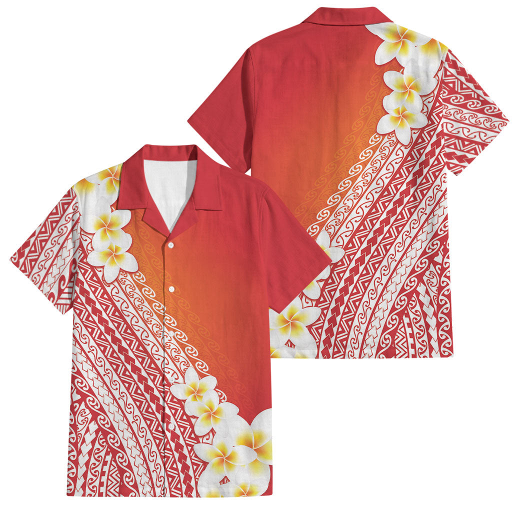Tahiti Plumeria Tribal Pattern Family Matching Off The Shoulder Long Sleeve Dress and Hawaiian Shirt Wave Style Red LT05 Dad's Shirt - Short Sleeve Red - Polynesian Pride