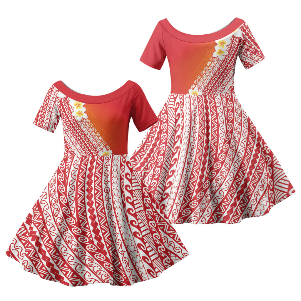 Tahiti Plumeria Tribal Pattern Family Matching Off Shoulder Maxi Dress and Hawaiian Shirt Wave Style Red LT05 Daughter's Dress Red - Polynesian Pride