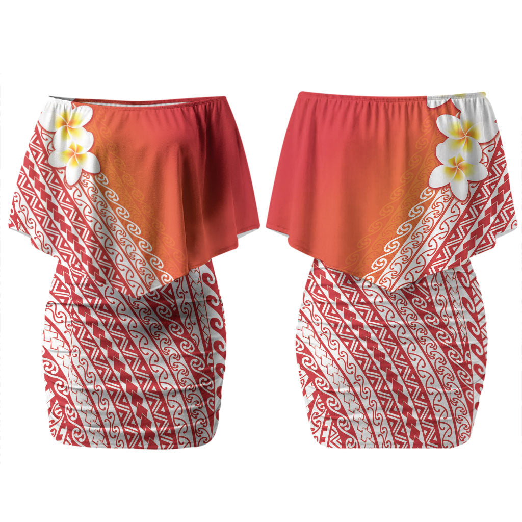 Tahiti Plumeria Tribal Pattern Family Matching Off Shoulder Short Dress and Hawaiian Shirt Wave Style Red LT05 Mom's Dress Red - Polynesian Pride