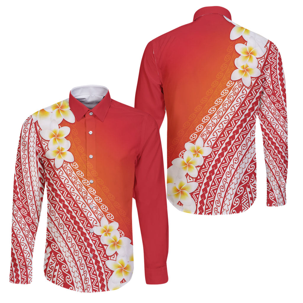 Tahiti Plumeria Tribal Pattern Family Matching Off Shoulder Short Dress and Hawaiian Shirt Wave Style Red LT05 Dad's Shirt - Long Sleeve Red - Polynesian Pride