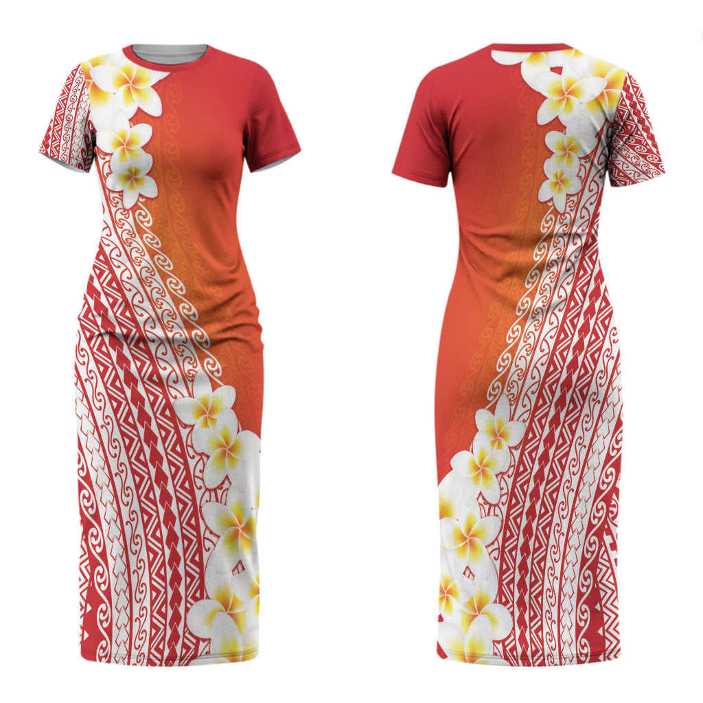 Tahiti Plumeria Tribal Pattern Family Matching Short Sleeve Bodycon Dress and Hawaiian Shirt Wave Style Red LT05 Mom's Dress Red - Polynesian Pride