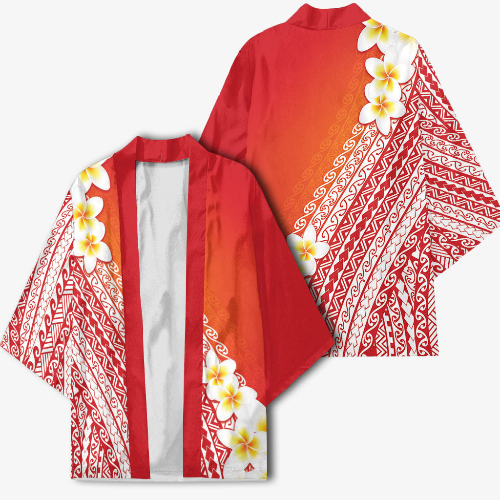 Tahiti Plumeria Tribal Pattern Kimono Wave Style Red LT05 - Polynesian Pride
