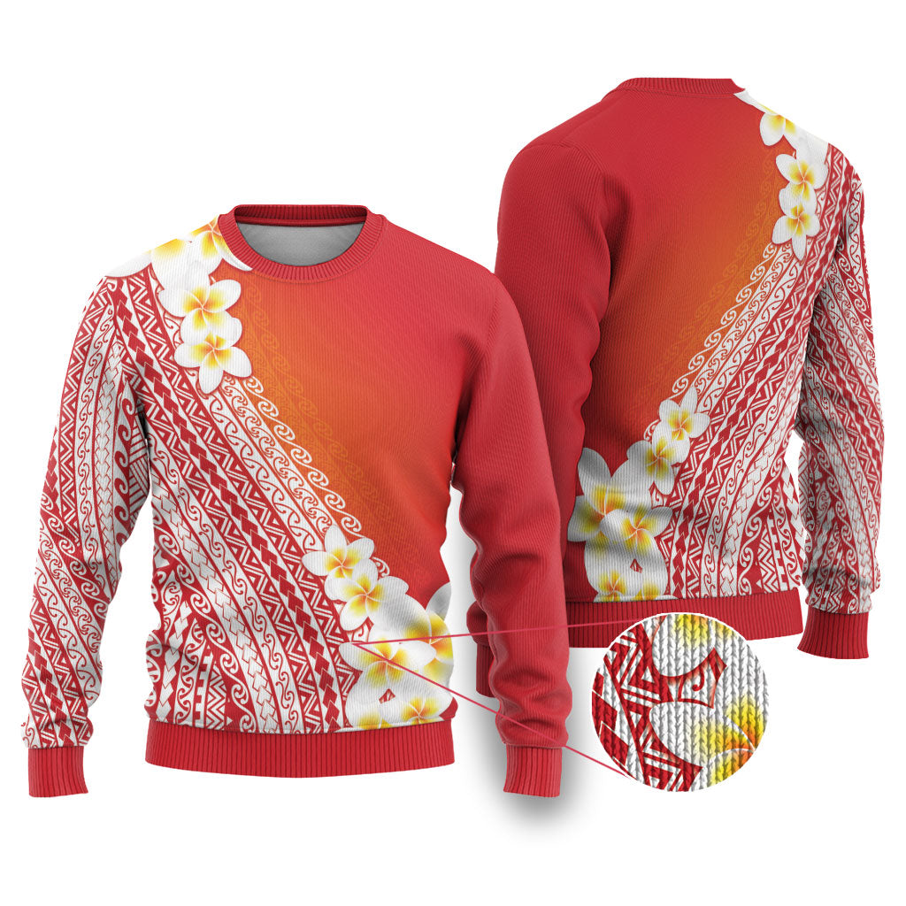 Tahiti Plumeria Tribal Pattern Ugly Christmas Sweater Wave Style Red LT05 Red - Polynesian Pride