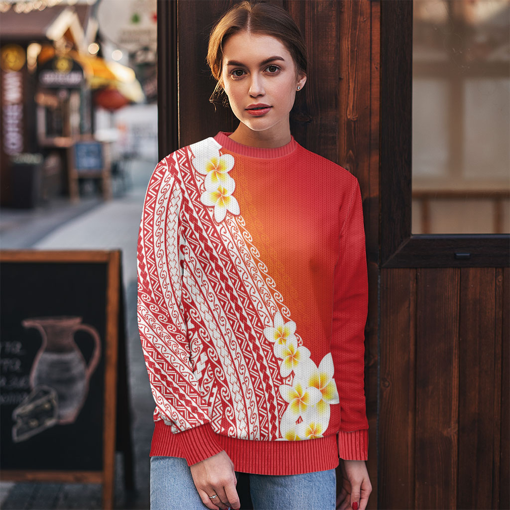 Tahiti Plumeria Tribal Pattern Ugly Christmas Sweater Wave Style Red LT05 - Polynesian Pride