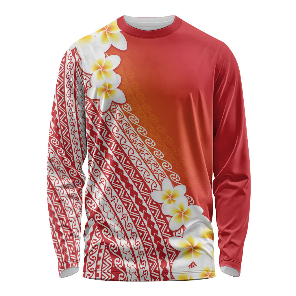 Tahiti Plumeria Tribal Pattern Long Sleeve Shirt Wave Style Red LT05 Unisex Red - Polynesian Pride