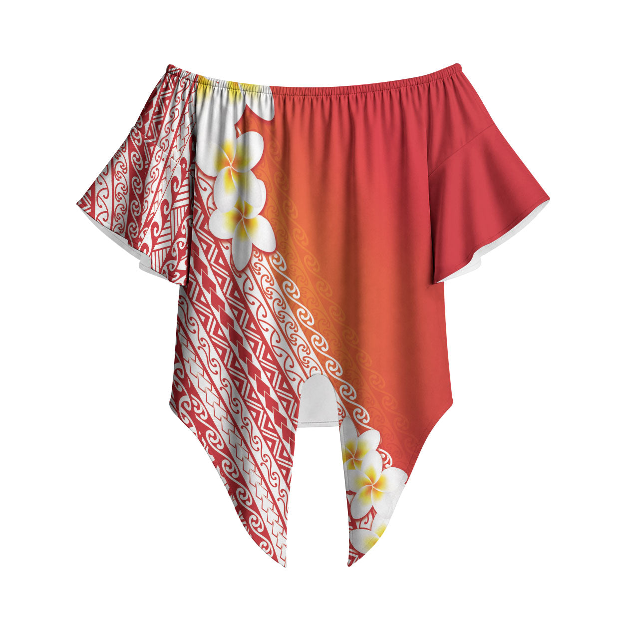 Tahiti Plumeria Tribal Pattern Off Shoulder Wrap Waist Top Wave Style Red