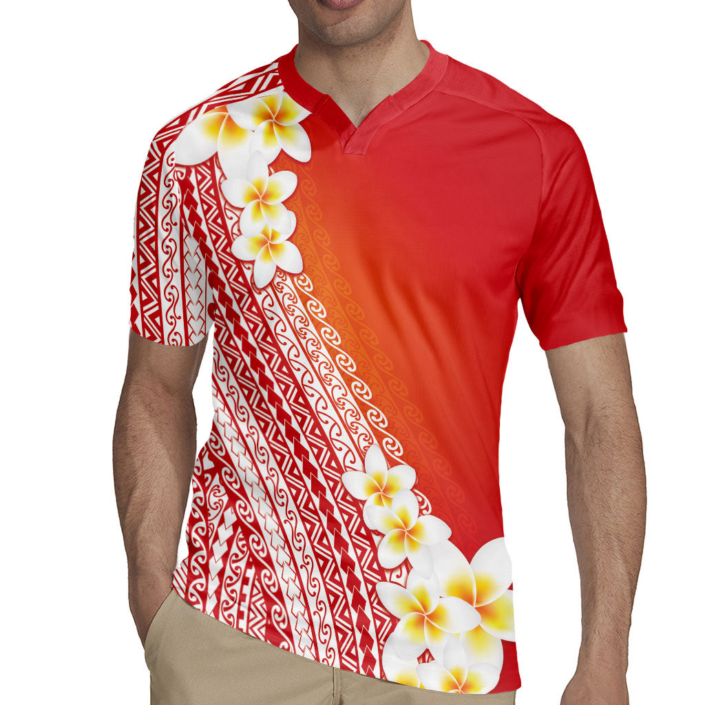 Tahiti Plumeria Tribal Pattern Rugby Jersey Wave Style Red LT05 - Polynesian Pride