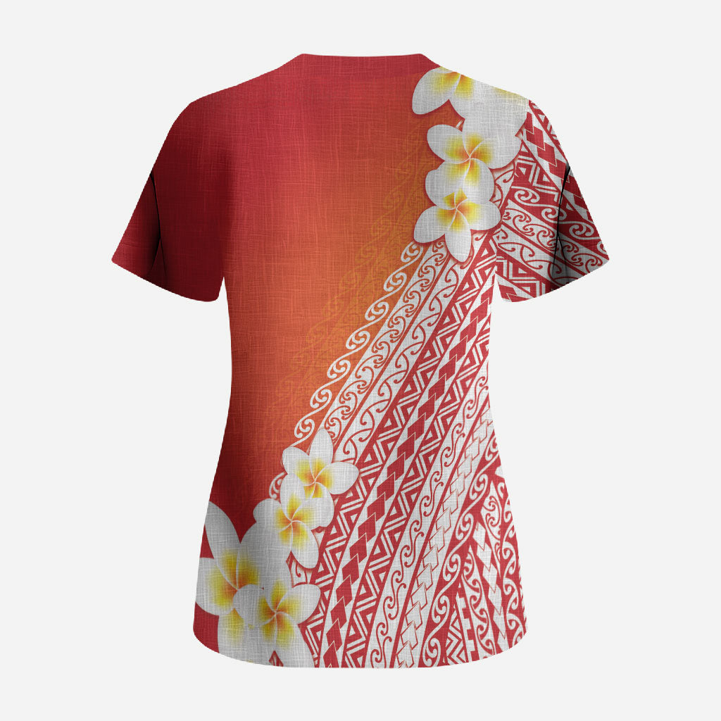 Tahiti Plumeria Tribal Pattern Scrub Top Wave Style Red LT05 - Polynesian Pride