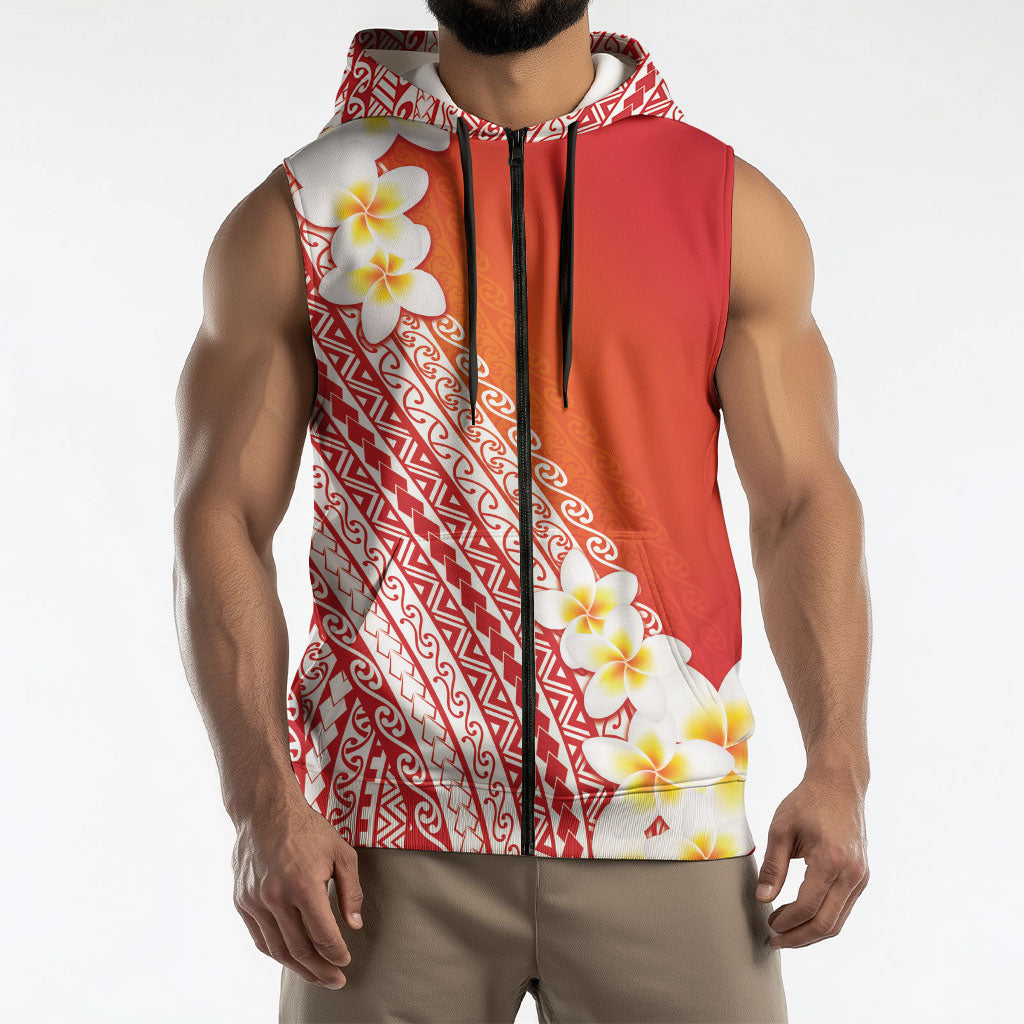 Tahiti Plumeria Tribal Pattern Sleeveless Zip Hoodie Wave Style Red LT05 - Polynesian Pride