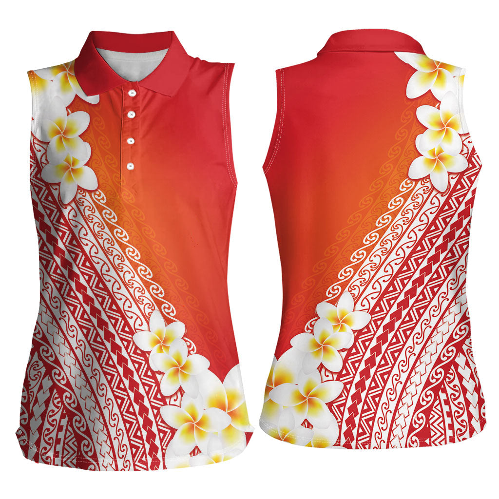 Tahiti Plumeria Tribal Pattern Women Sleeveless Polo Shirt Wave Style Red LT05 - Polynesian Pride