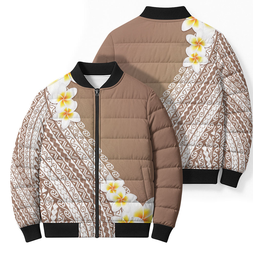 Tahiti Plumeria Tribal Pattern Bomber Puffer Jacket Wave Style Brown LT05 - Polynesian Pride