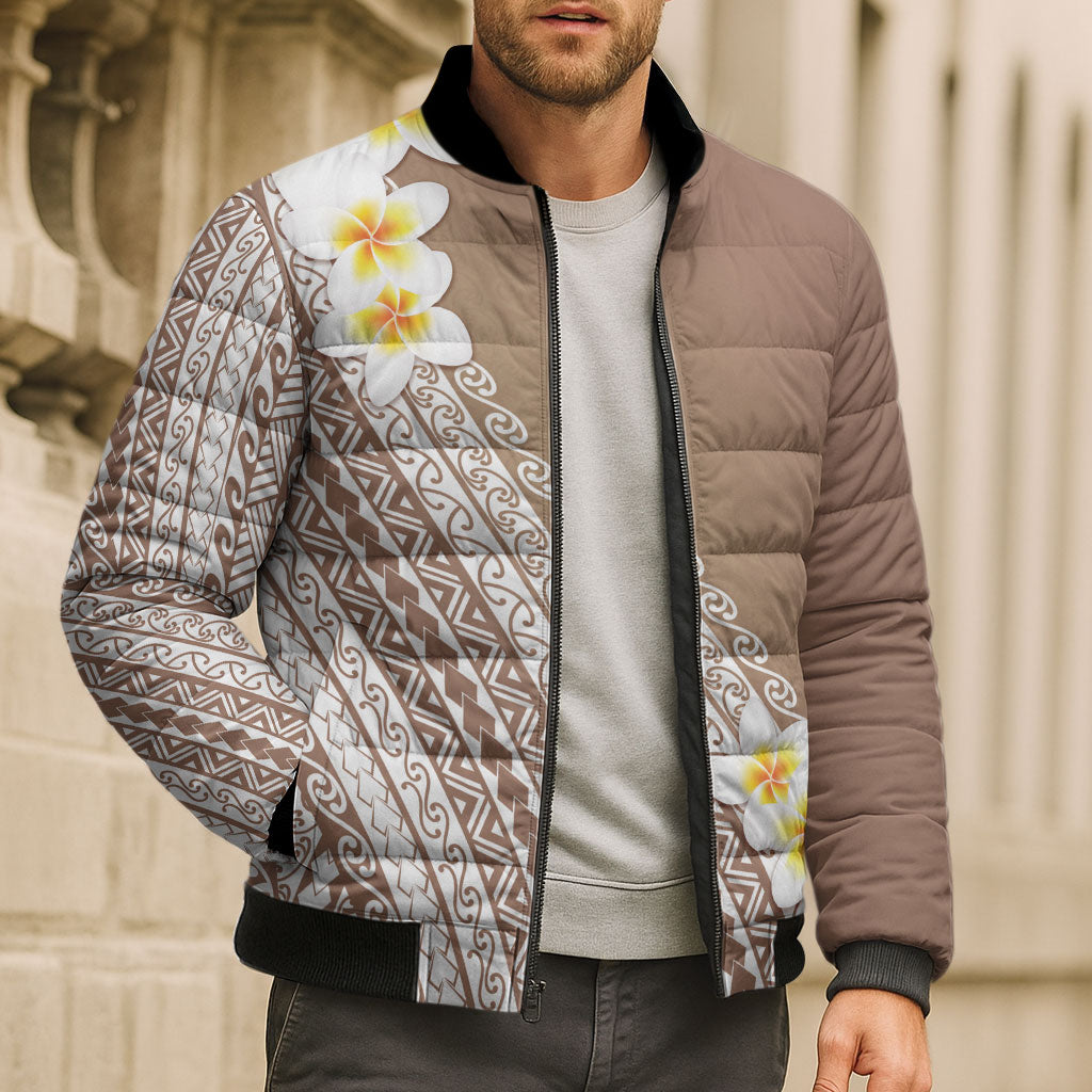 Tahiti Plumeria Tribal Pattern Bomber Puffer Jacket Wave Style Brown LT05 - Polynesian Pride