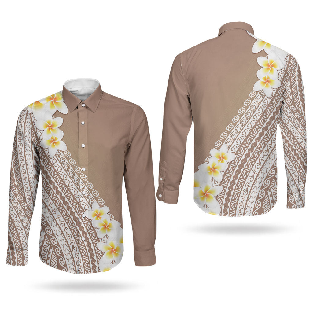 Tahiti Plumeria Tribal Pattern Couples Matching Mermaid Dress and Long Sleeve Button Shirt Wave Style Brown LT05 - Polynesian Pride
