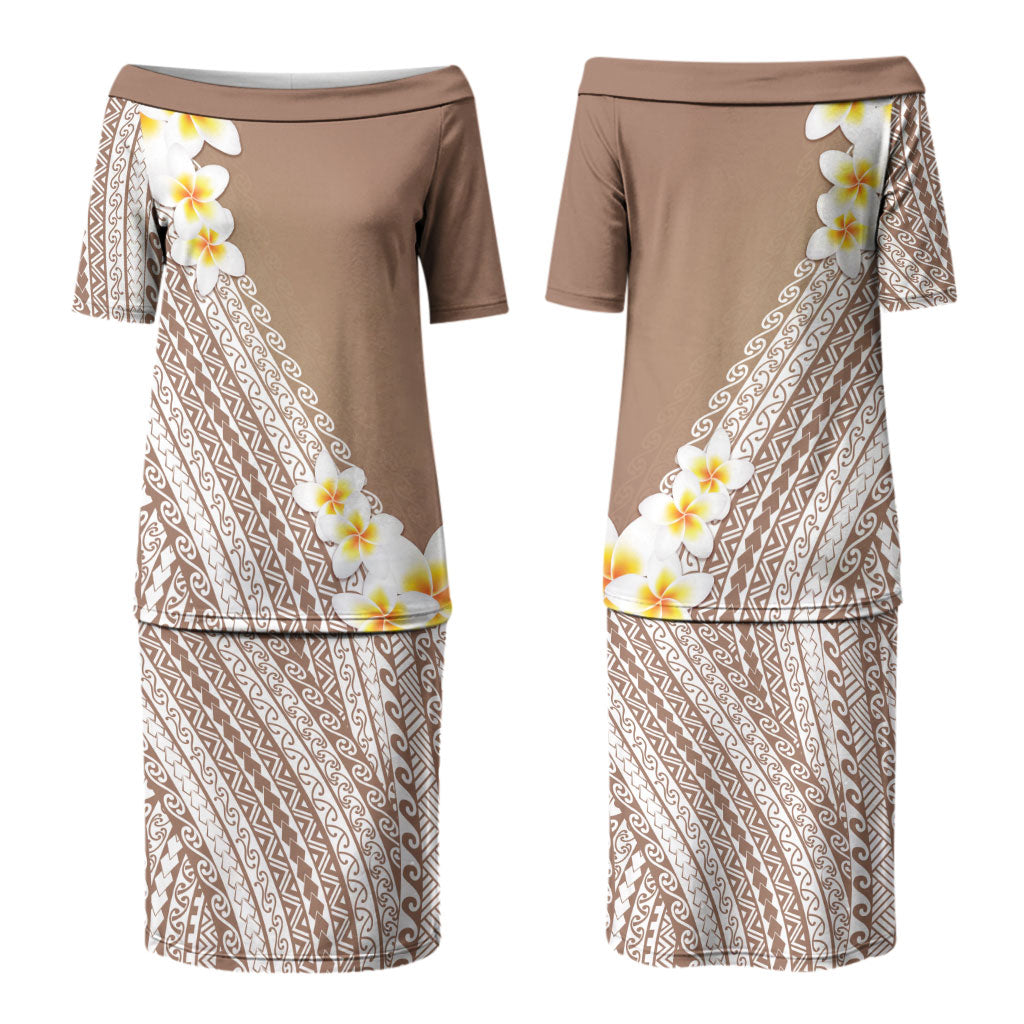 Tahiti Plumeria Tribal Pattern Couples Matching Puletasi and Hawaiian Shirt Wave Style Brown LT05 - Polynesian Pride