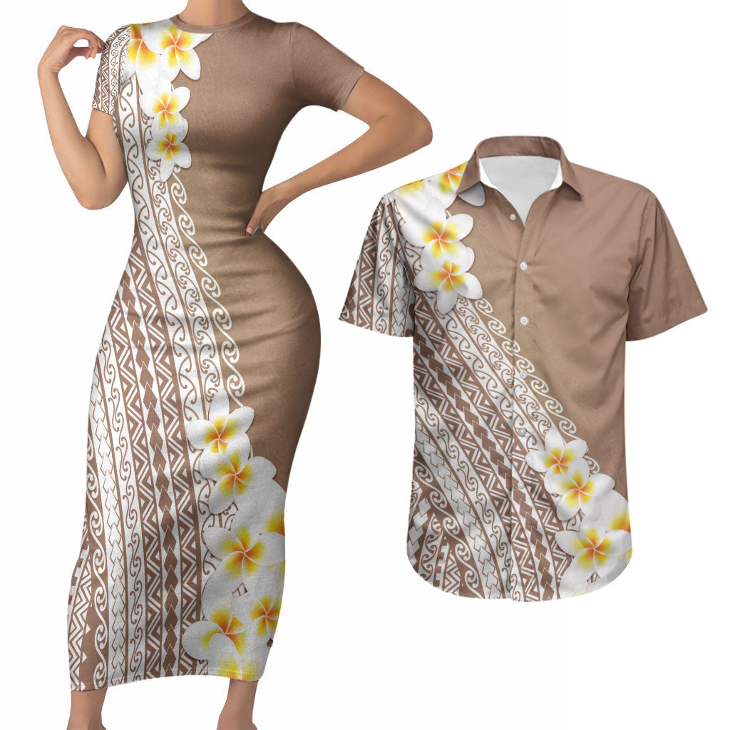 Tahiti Plumeria Tribal Pattern Couples Matching Short Sleeve Bodycon Dress and Hawaiian Shirt Wave Style Brown LT05 Brown - Polynesian Pride